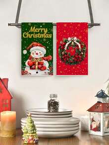 4Pcs 40*60cm/15.74*23.63inch Christmas Wreath Gold Snowflake Red Background Green Background Cleaning Cloth Dish Towel Santa Claus Christmas Tree Holiday Towel Home Kitchen Absorbent Cloth Holiday Tabletop Decor Fabric Christmas Party Decoration Cleaning Decor, Suitable For Christmas Home Kitchen Hand Towel, Decorative Towel. - Multicolor - View 5