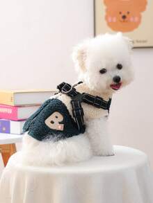 PETCIRCLE 1件宠物衣服，狗狗/猫咪服装，小型犬/幼犬套装，可爱宠物衣服，狗狗衣服，小型犬秋冬保暖舒适抓绒拼接背带背心 - 绿白 - 彩色 - 查看 3