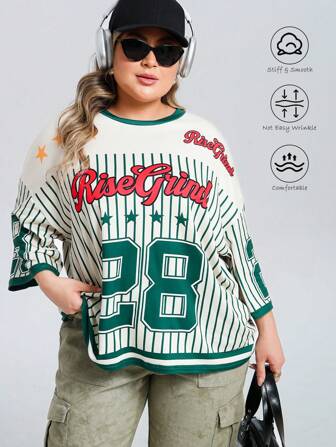 RUNONWHEELS 5 女式加大码数字印花短袖 Y2K 拼色宽松运动 T 恤，春夏图案 T 恤