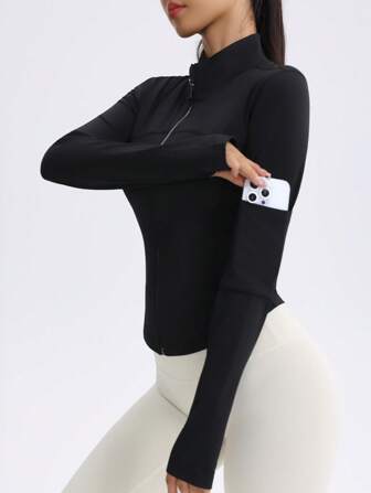Women's Zip-Up Stand Collar Sports Jacket, Fitted Thumb Hole Cuffs Fitness Yoga Running Outerwear With Arm Pockets