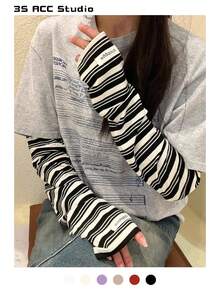 1 Pair Women's Loose Fit Striped Sunscreen Arm Sleeves For Spring And Summer, Thin Lightweight UV Protection Arm Covers, Cycling Arm Warmers, New Design, Solid Color, Long Style - Multicolor - View 2