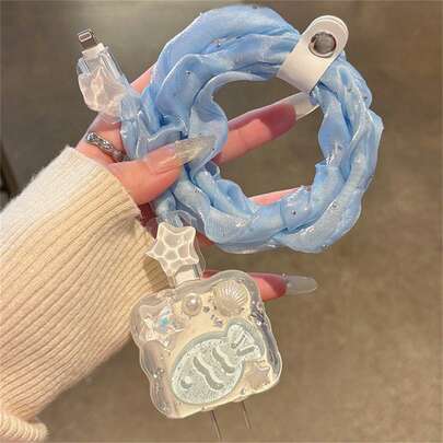 Cute 3D Shell Blue Fish Wave Border Clear New Luxury Charger Compatible With IPhone 16 11 12 13 14 15 18W-20W Charge Protection Cover Nan Cable Protector Charger Accessories Phone Accessories