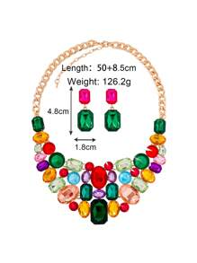 juran 1 Set Random Mixed Color Shiny Glass Choker Necklace & Earrings Jewelry Set, Women Wedding Statement Necklace & Earrings