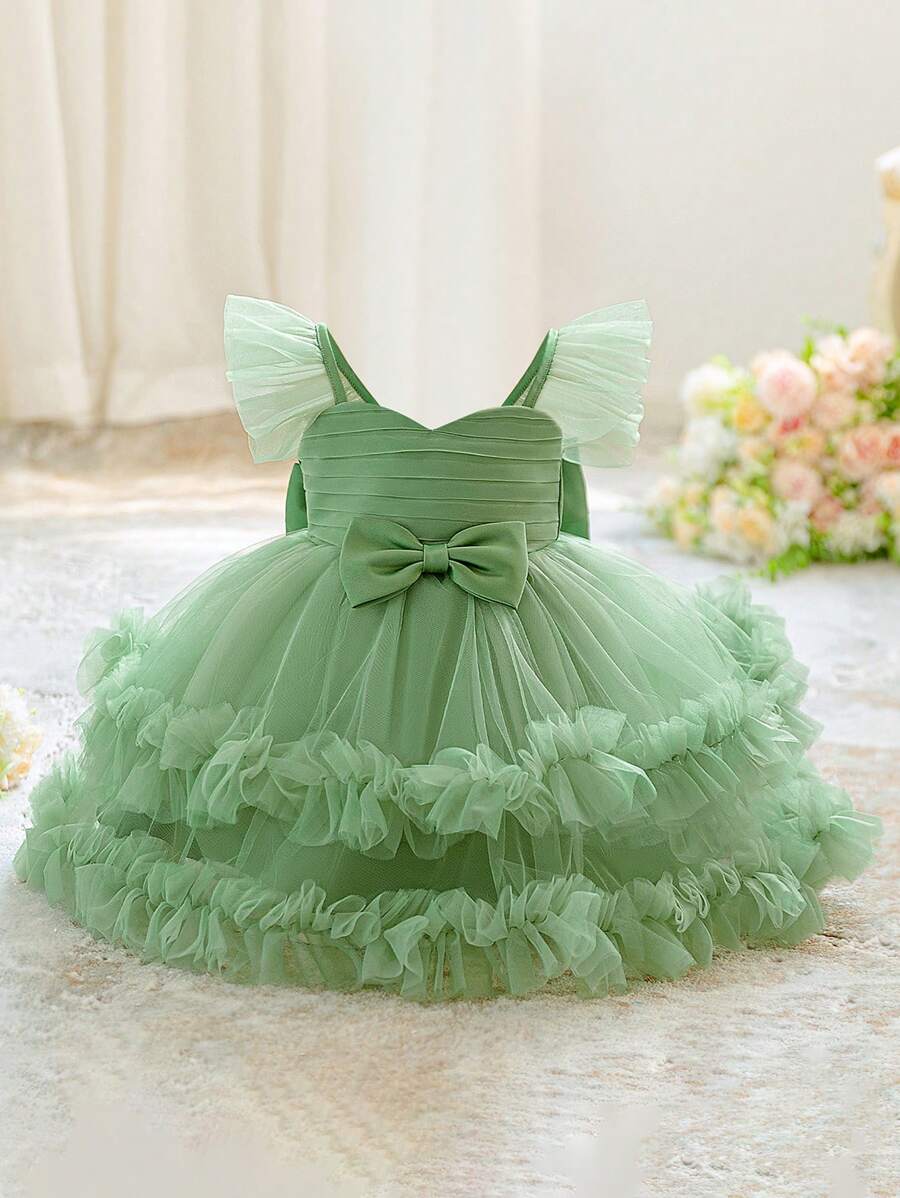 Baby Girls V-Neck Bow Ruffle Mesh Cute Wedding Dress, Suitable For Birthday Party, Excluding Headband - Green - View 1