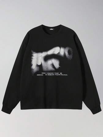 Tiny Spark Men Black Tee Shirt Long Sleeve Twisted Blurry Letter Graphic , Fall