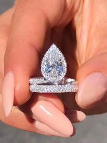 1 Chiếc Nhẫn Giọt Nước Hình Quả Lê Màu Bạc Sang Trọng Tinh Tế Cho Nữ Đính Đá Zirconia Tròn Nhỏ Sáng Bóng Hình Học Mở Ngón Tay Có Thể Điều Chỉnh Nhẫn Cưới Cô Dâu Tiệc Cưới Tiệc Cưới Kỳ Nghỉ Quà Tặng Trang Sức - Bạc - Xem 9