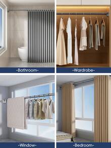 1 件黑色方头不锈钢伸缩杆，无需钻孔，不锈钢家用窗帘杆，卧室衣柜晾衣杆，多功能阳台晾衣杆，伸缩浴室浴袍毛巾杆，家用窗帘杆，浴室伸缩毛巾挂杆。浴室装饰