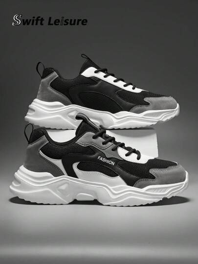 Men's Black & Gray Mesh Patchwork Design Comfortable Running/Sports Shoes, Fashionable Casual Sneakers For Outdoor Daily Wear