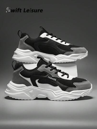 男士黑灰色网眼拼接设计舒适跑步/运动鞋，时尚休闲运动鞋，适合户外日常穿着