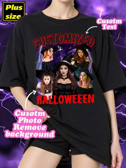 Customized Loose Plus Size Women T-Shirt, Halloween Customization, Upload Your Photo/PNG/Group Photo, Casual Plus Size Women Crew Neck Loose Sports Super Large T-Shirt, Customized Graphic Women T-Shirt, Women Black Top, Autumn, Halloween Gift, Valentine's Day Gift, Birthday Gift, Best Friend Gift, Summer Women Top, Customized Bestie. Plus Size Women Black Top