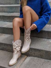 Giày bốt cao bồi đế thấp có đường cắt hở – Phong cách cao bồi - Màu be - Xem 1