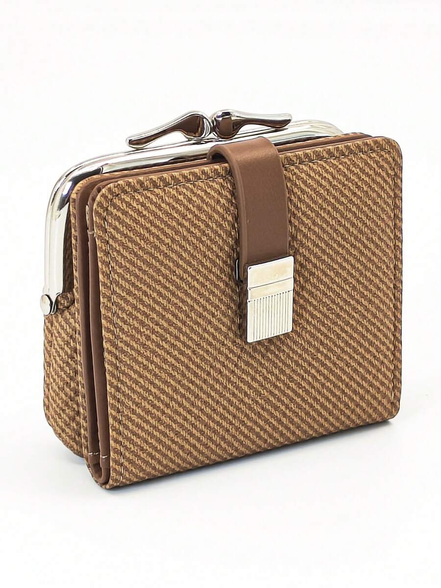 Carteira curta feminina de palha trançada, fecho de pressão em PU macio, porta-moedas multifuncional, porta-cartões, minimalista, leve, compacta e portátil, adequada para presentes de Natal para mulheres, carteira, carteira, carteira fofa - Castanho - Ver 1