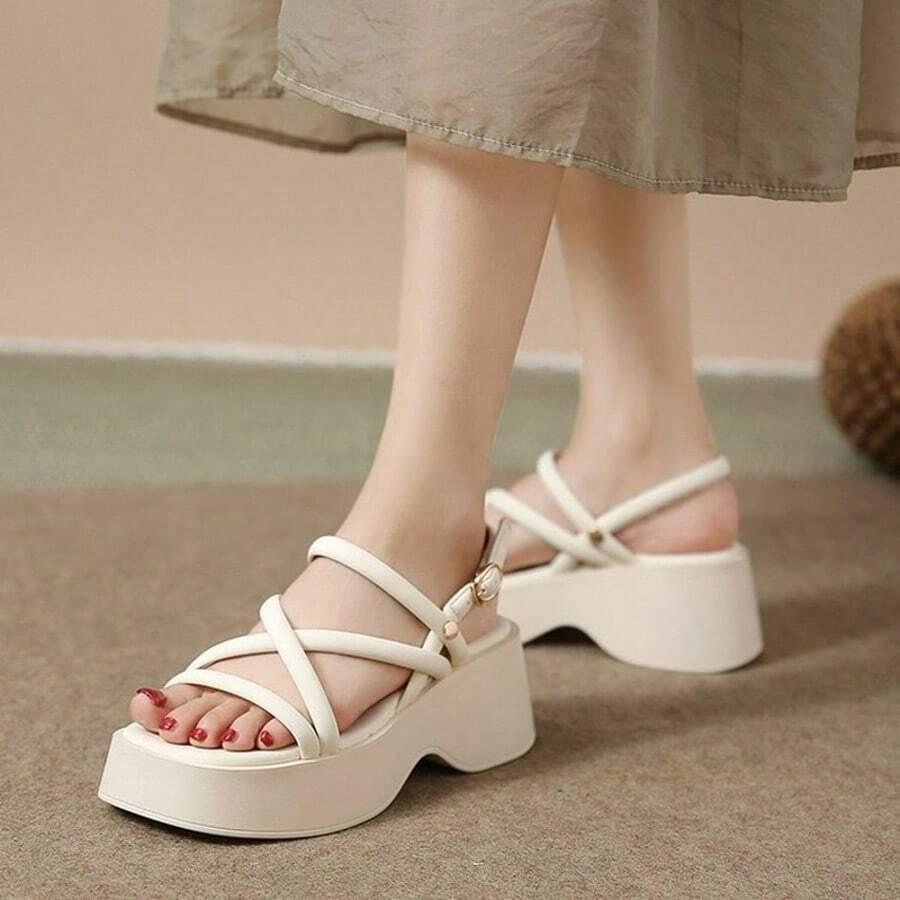 Women's Platform Roman Sandals With Cross Straps And Buckle Thick Heel Summer Open-Toe Shoes