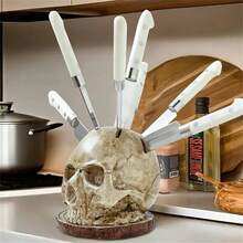 Creative Skull Knife Holder, Resin Decor, Horror Atmosphere Decoration, Skull Knife Rack For Kitchen, Skull Utensil Storage, Kitchen Decor, Horror Style Kitchen Organizer, Party Storage Rack, Grey - Multicolor - View 7