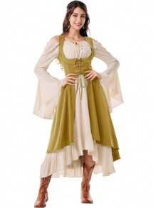 Two Pieces Medieval Women's Renaissance Period Costume With Low Bust Pirate Farmer High Low Dress With Collar Autumn Outfit For Women Halloween