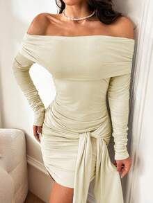 WOWDARK 黄色露肩长袖系带派对连衣裙，优雅夏日连衣裙，适合情人节、约会、聚会、派对、旅行、度假、海滩等场合。 - 黃色 - 查看 5