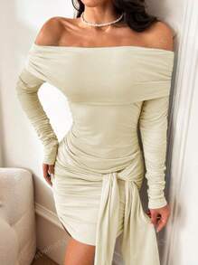 Vestido largo de manga larga con hombros descubiertos y lazo en el cuello para mujer WOWDARK, otoño
