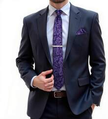 Silk Floral Necktie Set With Tie Clip, Handkerchief & Cufflinks - Purple - View 6