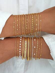 28/16pcs/12/9pcs Fashion Minimalist Classic Copper Braided & Snake Chain Layered Heart Bracelet Set, Gift For Women Birthday, Vacation, Party, Daily Wear - Golden 1 - View 5