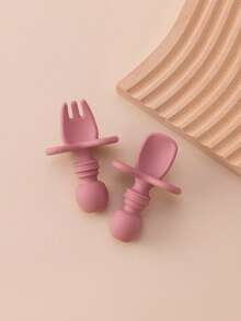 2PCS Personalized Customization Name Baby Silicone Spoon Fork Solid Color Kids Utensils Feeding Training Stuff Soft Print On Demand Baby Tableware - Multicolor - View 15