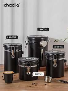 choxila 1个1.2升/1.5升/1.8升咖啡罐，密封不锈钢食品储存容器，适用于咖啡豆、茶叶、糖、面粉、谷物，带日期追踪器和量勺，咖啡配件 - 黑色 - 查看 2