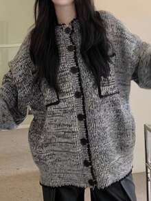 Áo khoác cardigan dệt kim dày dáng rộng cho nữ, áo khoác len dài vừa phải cao cấp thường ngày cho mùa thu/đông - Xám - Xem 3