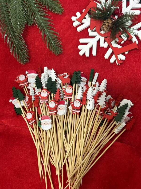 100 pezzi per confezione di stuzzicadenti in bambù misti casuali per Natale. Questi sono stuzzicadenti in bambù colorati e creativi con disegni come Babbo Natale, pupazzi di neve natalizi, alberi di Natale, cervi, fiocchi di neve e teste di Babbo Natale. Possono essere utilizzati come stuzzicadenti per cocktail, forchette per torte, spiedini, bastoncini di biancospino candito e stuzzicadenti decorativi.