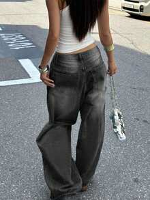 女士休闲宽松阔腿牛仔裤，百搭实用，适合日常通勤和春季街头穿搭 - 深灰色 - 查看 7