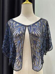 1 Pc Women's Oversized Fish Scale Sequin Shawl, Sparkling Evening Dress Shawl, Vintage Cheongsam Style Light Shawl Top, Embellished - Multicolor - View 13