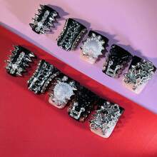 Y2K BEGAVET New 10pcs Duck Nails Handmade Salon Quality Press On Nails Black Punk Nails Exclusive Design 3D Nails With 3D Charms, Suitable For Valentine, New Year Parties/Music Festival And Daily Wear - màu đen - Xem 2