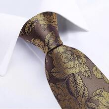 Silk Floral Necktie Set With Tie Clip, Handkerchief & Cufflinks - Brown and Yellow - View 10