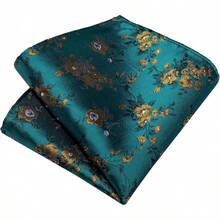 Conjunto de corbata de seda con estampado floral, incluye pinza de corbata, pañuelo y gemelos - Verde azulado y dorado - Ver 6