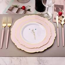 30Guest Pink Plates Disposable Hignend Baroque Design Gold Plastic Silverware With HandleBaroque Pink AndGold Plastic Dinnerware For Wedding Baby Shower - 粉色 - 查看 5