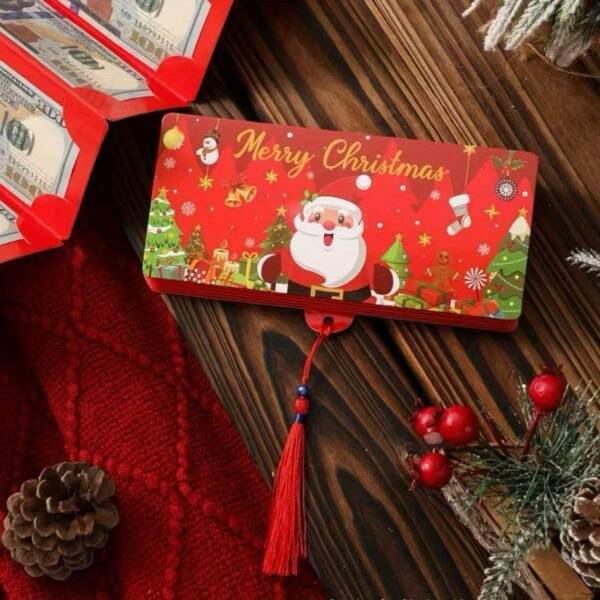 1 pieza Sobre rojo de colección de tarjetas de 10 dólares estadounidenses con diseño de Papá Noel, caja de dinero para fiesta de Navidad con temas navideños felices, cierre con cordón, adecuado para efectivo, tarjetas y decoraciones navideñas alegres