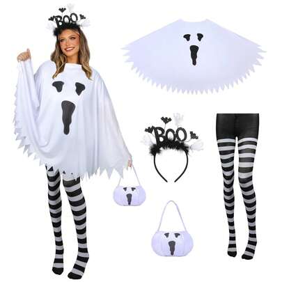 4 PCS Halloween Costume Set For Women Adult Ghost Pumpkin Costume, Ghost Pumpkin Costume Poncho, Candy Bag, Ghost Pumpkin Headband And Nylon Striped Tights For Halloween Cosplay Party