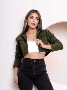 Cropped Denim Jacket With Hem, Women's Fashion - Dark Green - View 1