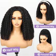 Kinky Curly 3 In 1 Half Wig Drawstring Band Wear Go Wig Invisible Hairline Human Hair Wigs Glueless Put On And Go Beginner Friendly Deep Wave Wigs Human Hair Drawstring Headband Wig For Women - Natural Black - Xem 3