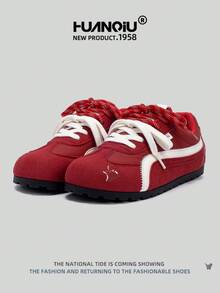 HUANQIU 2025新款女鞋女滑板鞋一双百搭时尚透气系带居家办公户外小白鞋百搭轻便舒适小白鞋系带软底运动鞋休闲鞋跑步鞋圣诞苹果红四季鞋 - 紅色 - 查看 3