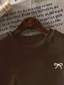 Camiseta de manga corta con lazo de talla grande, corte holgado, casual para primavera/verano - Café integral - Ver 3