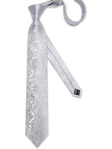 Conjunto de corbata de seda con estampado floral, incluye pinza de corbata, pañuelo y gemelos - Paisley gris plateado - Ver 7