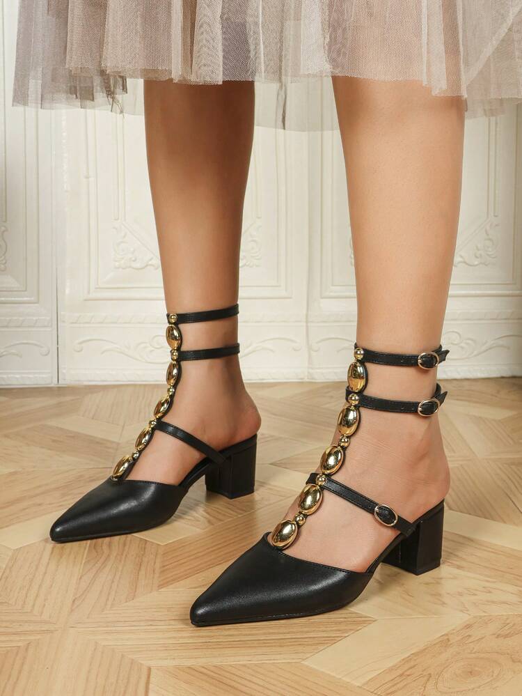 SOLE STORY Sandalias de tacón grueso de 5,3 cm con correa de tobillo, punta puntiaguda y decoración de cadena de metal de doble anillo de cuero negro para mujer, de moda para el uso diario en verano - Negro - Añade 4