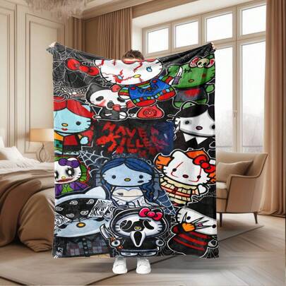 Sanrio بطانية فلانيل مطبوعة رقميًا بنمط هالوين لسانريو هالو كيتي، بطانية فلانيل ناعمة ودافئة، مناسبة للسفر والأريكة والسرير وديكور المنزل، هدية مثالية لعيد الميلاد أو المناسبات، مناسبة لجميع المواسم