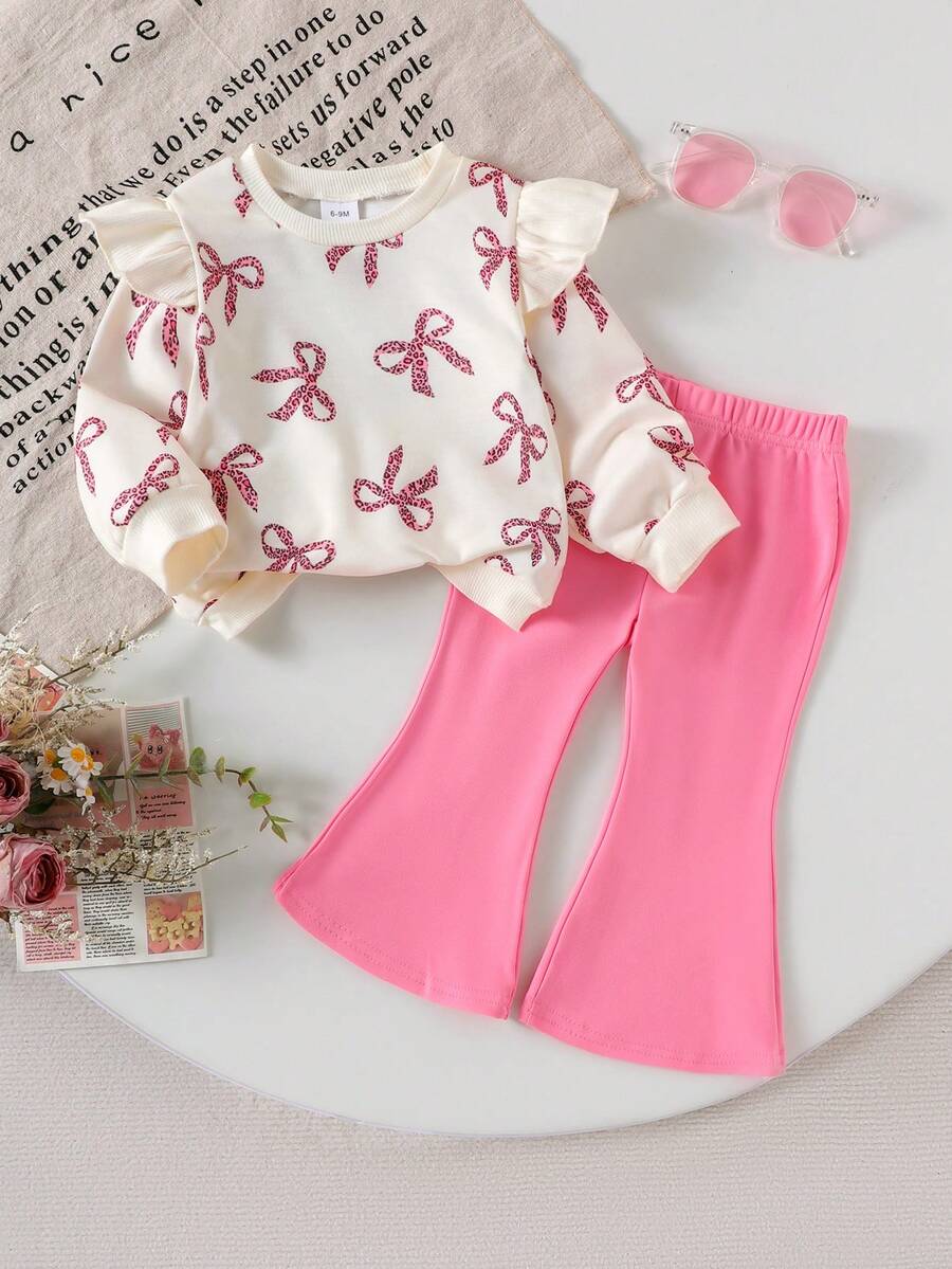 2 件套女婴休闲蝴蝶结图案长袖运动衫和粉色裤子套装，轻便，适合春秋季 - 粉色 - 查看 1