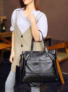 Retro Fashion Mother-Child Shoulder Tote Bag - Black - View 2