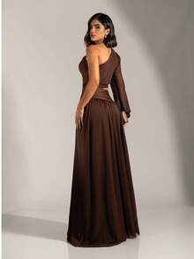 Long Dress For Bridesmaids Wedding Graduation One Elegant Sleeve - Rust Brown - View 5
