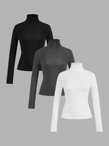 Paquete de 3 Playeras Termica de Mangas Largas de Mujer con Cuello Redondo de gran calidad - Negro Gris Blanco - Ver 1