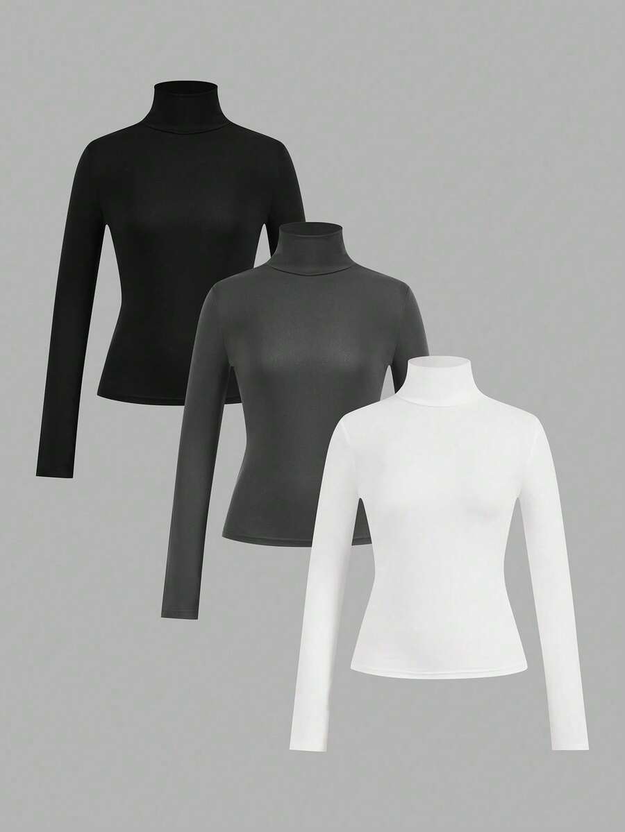 Paquete de 3 Playeras Termica de Mangas Largas de Mujer con Cuello Redondo de gran calidad - Negro Gris Blanco - Ver 1