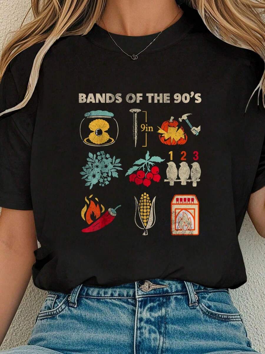 Women's 90s Retro Rock Band Graphic T-Shirt - Vintage Cartoon Music Icons Print, Black Crew Neck Short Sleeve Tee, Soft Stretchy Fabric, Relaxed Fit Casual Summer Top, Band T Shirts, Nostalgic Cl - 黑色 - 查看 1
