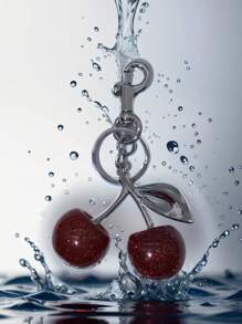 1pc Cherry Pendant, New Big Cherry Shape Crystal Pendant Key Chain, Sparkling Cherry Keyring Charm With Clip, Shiny Resin And Metal Materials, For Women Wallet And Bag Car Accessories Bag Charm School