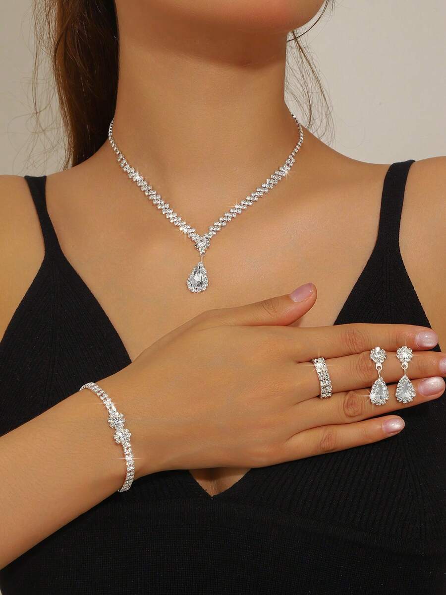 4 件女士简约时尚泪珠吊坠项链、耳环、手链、戒指水钻首饰套装，新娘伴娘婚礼配饰，闪亮派对礼物